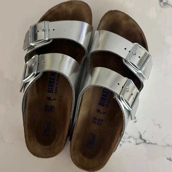 Birkenstock Metallic Comfort Slides Sandals Sz.39 Arizona Soft Footbed Leather in Color Metallic Anthracite  main image 4